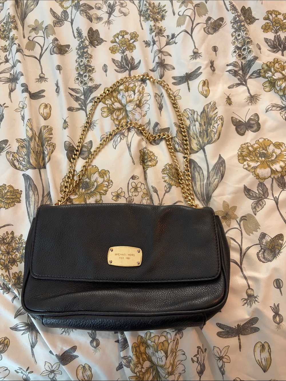 Michael Kors Black Leather Shoulder Bag with Gold Chain Strap